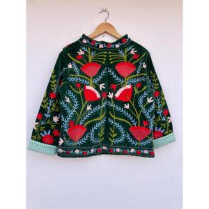 Premium Quality Suzani Embroidery Cotton Knitted <b>Jacket</b> with Button Detail Winter Festive Floral Design - Product Image 5