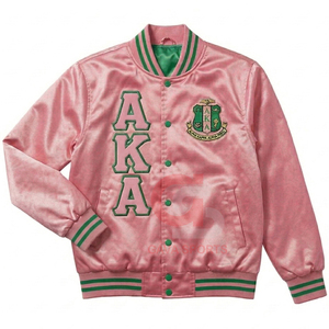 Alpha |   Kapa |   Blouson Bomber en Satin Rose et Vert pour Femme, Coupe Courte, Motif Lettres Grecques Alpha, Coupe-Vent, Idéal Hiver, pour Sororité AKA - Product Image 1