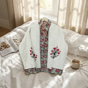 Chaqueta de Lino Blanco con Estampado Artesanal Indio, Cuello Alto, para Mujer, Cárdigan Floral, Blusa de Manga Larga para Primavera - Product Image 4