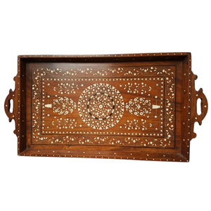 Plateau de service marocain en bois de sheesham fait main avec poignées, travail d'incrustation Hoshiarpur, plateau rectangulaire décoratif pour le thé, pour la maison et l'hôtel - Product Image 1