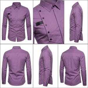 Men Purple Long Sleeve Slim Fit Dress <b>Shirt</b> Solid Color Button Down Collar Smart Casual Woven Fabric - Product Image 4