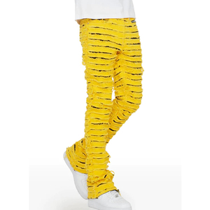 Jean droit déchiré pour homme, coupe slim, en denim extensible avec appliqué à franges et patch de créateur - Product Image 5