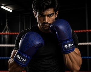 Gants de boxe IBERIA Premium noir et bleu, motif tissé, gants d'entraînement, logo personnalisé, OEM ODM, équipement de boxe en gros - Product Image 6