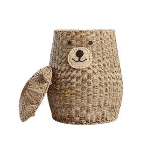 Cute Bear Shaped Seagrass Storage <b>Basket</b> <b>with</b> <b>Lid</b> Handwoven Animal Toy Organizer Bin <b>with</b> Ears Creative Nursery Decor - Product Image 4