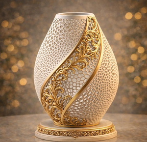 Jarrón ornamentado con entramado cortado a láser y elaboradas superposiciones de motivos barrocos dorados. disponibles a precios de mayorista. - Product Image 1