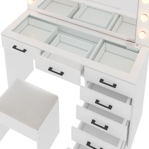 Large Lighted 12 LED Mirror <b>Makeup</b> <b>Vanity</b> Desk Set with 7 Drawers Glass Top Power Outlet-Elegant <b>Vanity</b> Table - Product Image 6