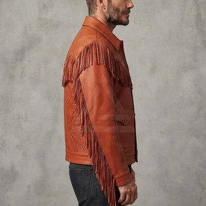 Embossed <b>Western</b> Leather <b>Jacket</b> Men Stylish Fringe Outerwear For Outdoor Casual Wear Cowboy Fashion And Streetwear - Product Image 5