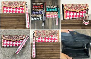 Bolso de mano de cuero repujado hecho a mano con patrón a cuadros y diseño floral occidental para mujer, con correa de muñeca, de la March Expo - Product Image 3