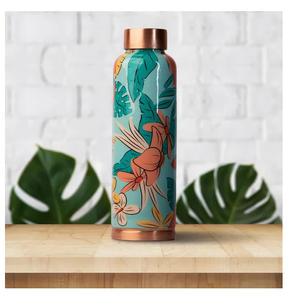 Botella de agua de cobre impresa con motivos florales y de hojas, botella deportiva con beneficios ayurvédicos. - Product Image 3