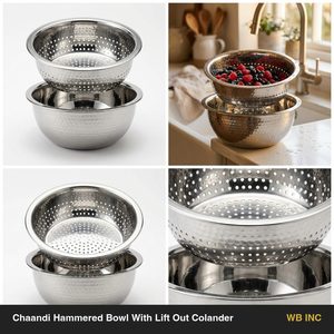 Bol martelé artisanal en acier inoxydable 304 finition satinée 22 cm, passoire et cuillère de service 2-en-1 pour la décoration intérieure et l'hôtellerie - Product Image 5
