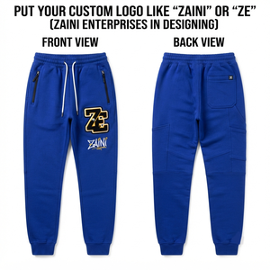 <b>Men</b> <b>Jogger</b> <b>Pant</b> Premium Cotton Polyester Fleece 320 GSM Blue <b>Joggers</b> Rib Cuffs Zipper Pockets Custom Embroidered Logo Streetwear - Product Image 1