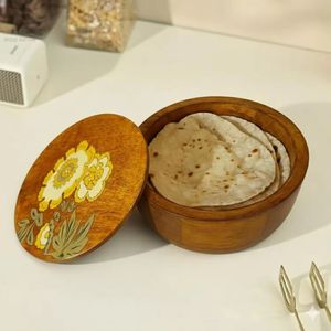 Traditional wooden container with floral lid design handcrafted storage box for chapati roti flatbread keeping food warm <b>kitchen</b> - Product Image 1