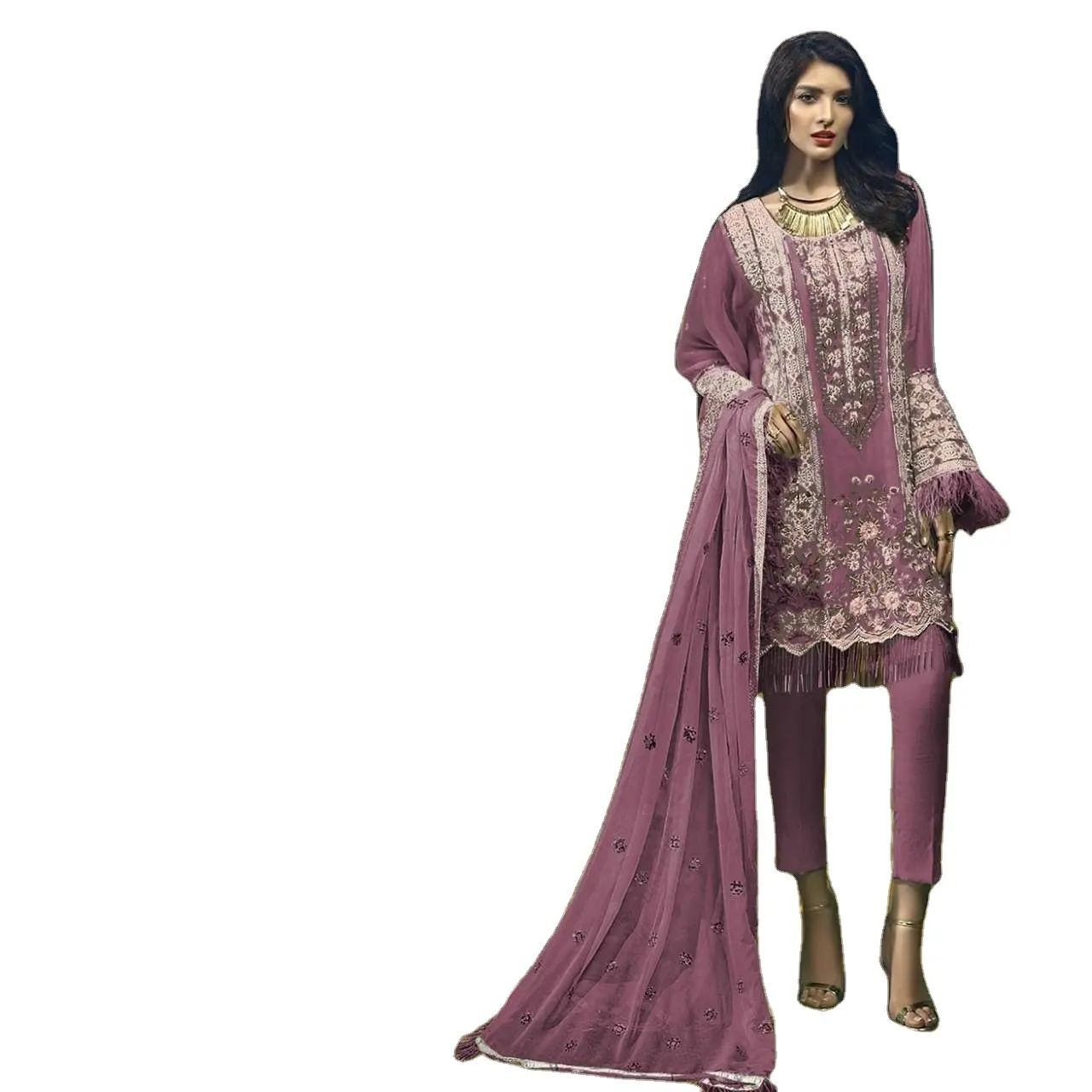 ヴィンテージ2023コレクションtrendzイスラムパキスタンヘビー刺繍ワークデザイナークルティとチュディダール、デュパッタセット女性用