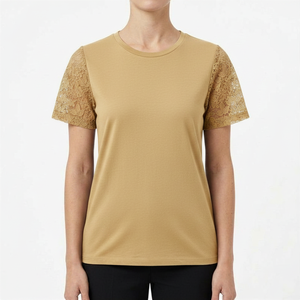 Camiseta de Manga Corta con Cuello Redondo y Color Sólido Personalizada para Mujer, con Mangas de Encaje, Transpirable, de Punto, Informal, para Primavera y Verano - Product Image 1