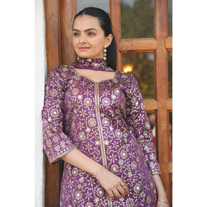 Taffeta Silk Mirror <b>Top</b> Georgette Palazzo <b>Sequined</b> Scarf Elastic Waist Stitched Women Three Piece Festive Salwar Suit Set - Product Image 4
