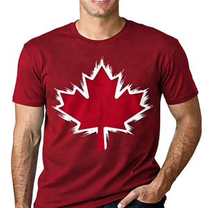Men's Red Cotton T-Shirt With White Maple <b>Leaf</b> Print O-Neck Short Sleeve Casual Regular Fit Jersey Knitted Front Logo - Product Image 6