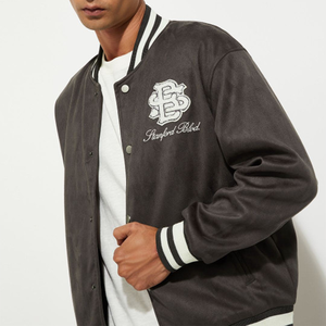 Men <b>Suede</b> Varsity <b>Jacket</b> Embroidered Letter Logo Preppy Style Regular Fit Turn-down Collar Single Breasted chenille custom patch - Product Image 5