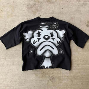 T-shirt décontracté pour homme 100 % coton, coupe ample, imprimé, noir, style urbain, motif visage triste, manches courtes, séchage rapide, respirant - Product Image 3