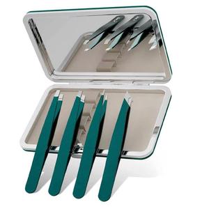 Juego de pinzas de precisión para pestañas, acero inoxidable, 4 piezas, mango verde, estuche con espejo - Product Image 1