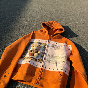 Sweat-shirts à capuche oversize orange pour hommes, zippés, avec motif ours 3D, imprimé léopard, détails à pois vieillis, style streetwear décontracté - Product Image 2
