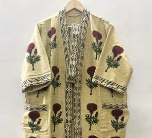Robe en coton imprimée à la main indienne pour femme – Kimono long fleuri, ceinturé, ouvert sur le devant, pour la détente et les vacances - Product Image 2