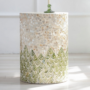 Elegante Mesa de Centro Redonda de Nácar Azul con Incrustaciones de Mosaico, Mesa Auxiliar de Tambor para Decoración de Muebles de Hotel o Villa - Product Image 4