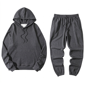 Conjunto Deportivo Unisex con Sudadera con Capucha Gris Oscuro, Manga Larga, Color Sólido, Corte Holgado Informal, Pantalones de Algodón, Ropa de Otoño - Product Image 1