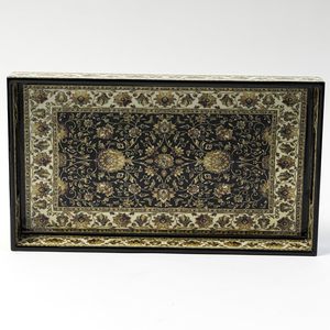 Plateau de service rectangulaire moderne en bois avec finition émaillée florale, utilisable comme table basse mobile - Product Image 3