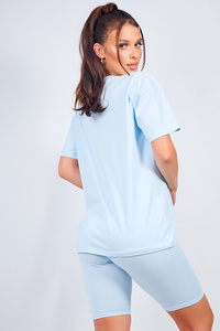 Ensemble de survêtement décontracté pour femme, bleu clair, à manches courtes, col rond, couleur unie, respirant, pour l'été, en coton et élasthanne - Product Image 3