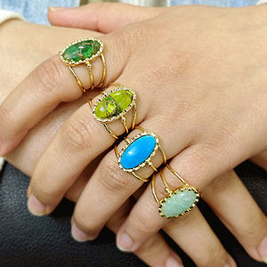 Anillo ajustable de latón macizo chapado en oro de 18k con turquesa verde peridoto Mohave para uso diario, joyería llamativa con parte trasera abierta. - Product Image 5