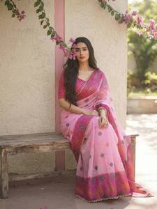 Pink Digital Printed Silk Saree With Embroidered Border For Women Traditional Wedding Wear India Pakistan - Product Image 4