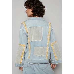 Women's POL Raw Hem Zip-Up <b>Denim</b> <b>Jacket</b> with Plaid and Crochet <b>Patch</b> - Product Image 1
