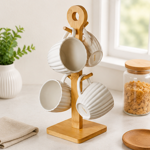 Minimalist Wooden Mug Holder & Cup <b>Tree</b> <b>Stand</b> Premium Bamboo Coffee Bar Accessory For Home Decor Office & Cafe Countertop Rack - Product Image 2