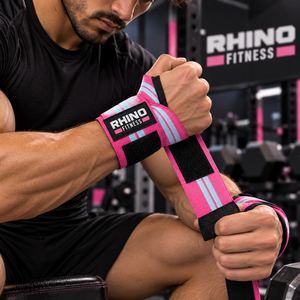 ผ้าพันข้อมือสีชมพู RHINO FITNESS แบบมีแถบตีนตุ๊กแก สำหรับยกน้ำหนักและออกกำลังกาย - Product Image 2