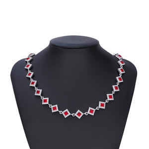 Women's S925 Silver Moissanite <b>Statement</b> <b>Necklace</b> Geometric Red Square Rhodium Plated Link Chain Party Jewelry - Product Image 1