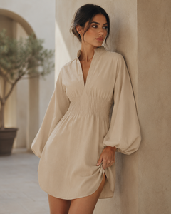 Robe Tunique Chic à Col Montant et Taille Smockée pour Femme, Manches Longues, 100% Coton, Mini-Robe Courte, Taille Naturelle, Style Moderne pour le Bureau - Product Image 5