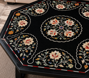 Table basse Art Déco en marbre noir fait main avec incrustations de pierres semi-précieuses pour mobilier de salon de luxe, occasions de Diwali et de séparations - Product Image 3
