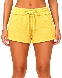 Yellow Women <b>Drawstring</b> Casual Shorts Soft Cotton Terry Summer Beach Lounge Shorts Elastic Waist Pocket Comfortable Fashion - Product Image 1