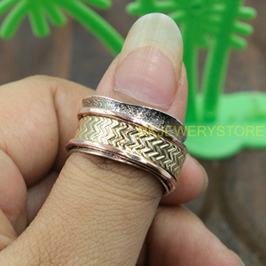 Handmade Mixed Metal <b>Spinner</b> <b>Ring</b> 925 Sterling Silver Brass Copper Wide Band Meditation <b>Ring</b> Textured Boho <b>Ring</b> For Women AndMen - Product Image 3