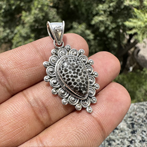 Handmade Black Coral Fossil Teardrop Pendant 925 Sterling Silver Bohemian <b>Statement</b> Filigree Pendant Wholesale Jewelry - Product Image 1