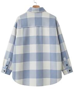 Customized <b>mens</b> Light Blue White Plaid Shacket Shirt Jacket Long Sleeve Button Up Warm Oversized Check <b>Overshirt</b> For Winter - Product Image 2
