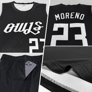 Maillot de basket-ball personnalisé noir et blanc sans manches en mesh, avec nom et numéro d'équipe brodés, pour performance athlétique - Product Image 5