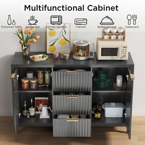 Credenza Nera Concava a Strisce con 2 Ante e 3 Cassetti, Mobile Moderno per Soggiorno - Product Image 4