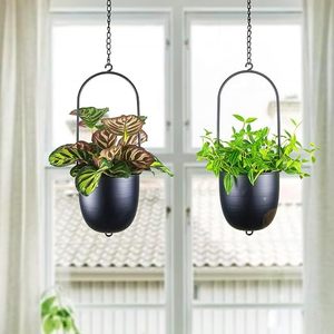 Pot de fleurs suspendu moderne en métal avec revêtement en poudre, jardinière elliptique pour plantes d'intérieur et d'extérieur, design minimaliste, couleur noire - Product Image 5