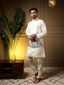 Conjunto de Kurta y Pantalón Daman Koti de Seda Pesada para Hombre con Bordado y Lentejuelas, Traje Étnico de Seda Slub para Fiestas y Bodas - Product Image 2