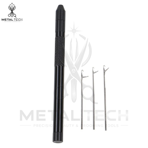 Juego de herramientas de instalación y extracción de extensiones de cabello con agujas de gancho de acero inoxidable, con 3 puntas reemplazables y mangos negros y plateados - Product Image 2
