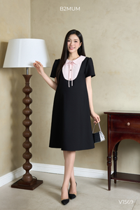 Vestido de Maternidad B2 MUM V1569, Transpirable, Ecológico, de Verano, Manga Corta, Corte en A, Cuello Peter Pan, Diseño a Rayas Rosas - Product Image 3