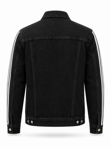 Veste en jean noire pour homme, manches à rayures blanches, fermeture boutonnée, coupe classique, style décontracté, vêtement d'automne, écologique, coupe-vent - Product Image 4