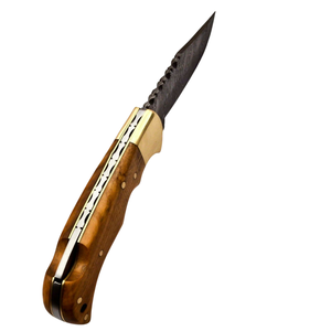 Cuchillos Plegables Hechos a Mano con Acero de Damasco, Mango de Madera Marrón Claro y Bolster de Latón, para Caza y Camping al Aire Libre - Product Image 1