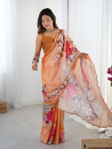 Elegant <b>Orange</b> Floral Printed Heavy Chinnon <b>Saree</b> With Mirror Work For Women Wedding Wear Casual Wear <b>Saree</b> - Product Image 4